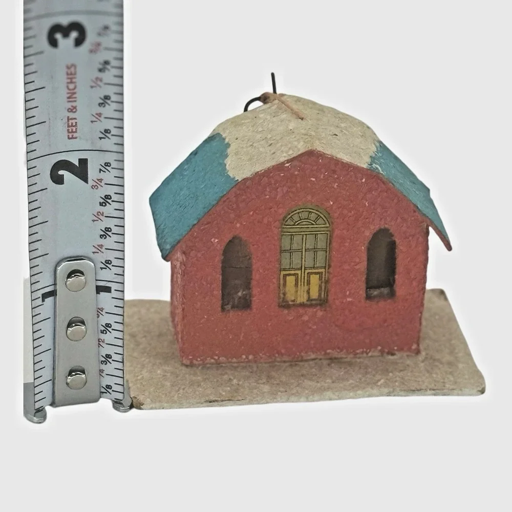 Miniature Putz House Mica Christmas Ornament Red Blue 1950s Japan Vintage